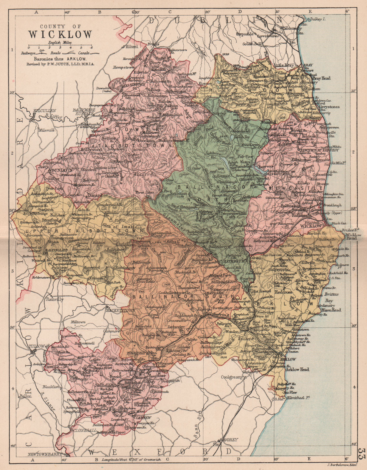 COUNTY WICKLOW. Antique county map. Leinster. Ireland. BARTHOLOMEW 1882